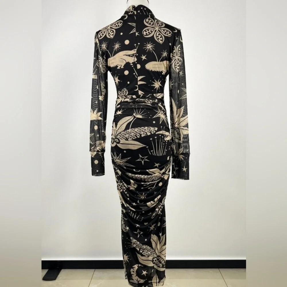 Farm Rio Black, Cream Patterned Midi Dress Cerrado Sky Tule Flattering, Ruching - Picture 3 of 3